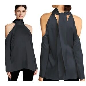 Galvan London Tunic Top Satin Long Sleeve Cold Shoulder Tie Back Black Size 2